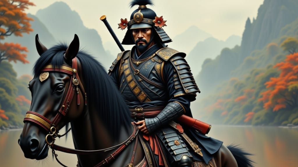 Hyper Realistic Samurai Portrait on War Horse