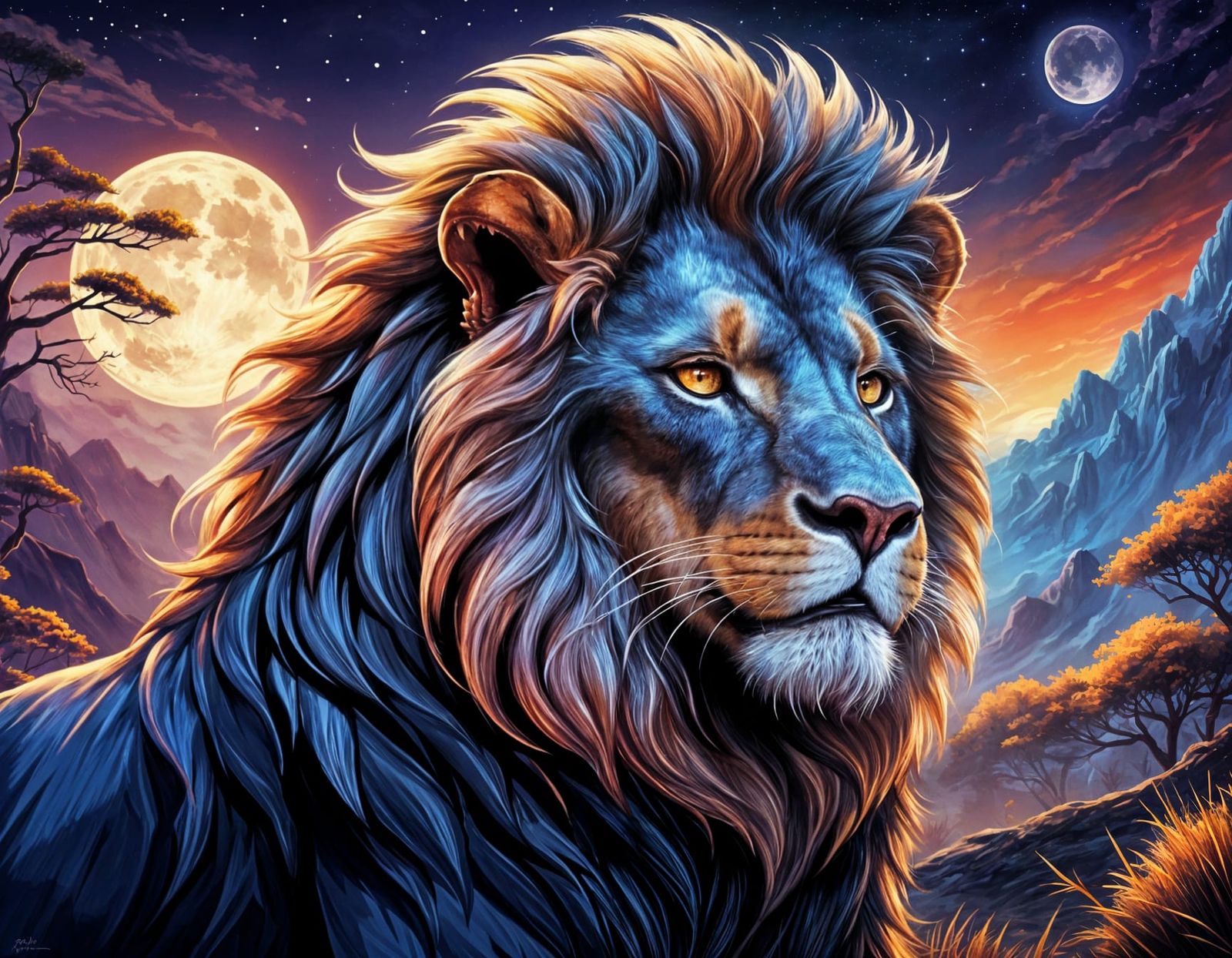 Regal Lion in Midnight Checkered Coat Roars at the Moon