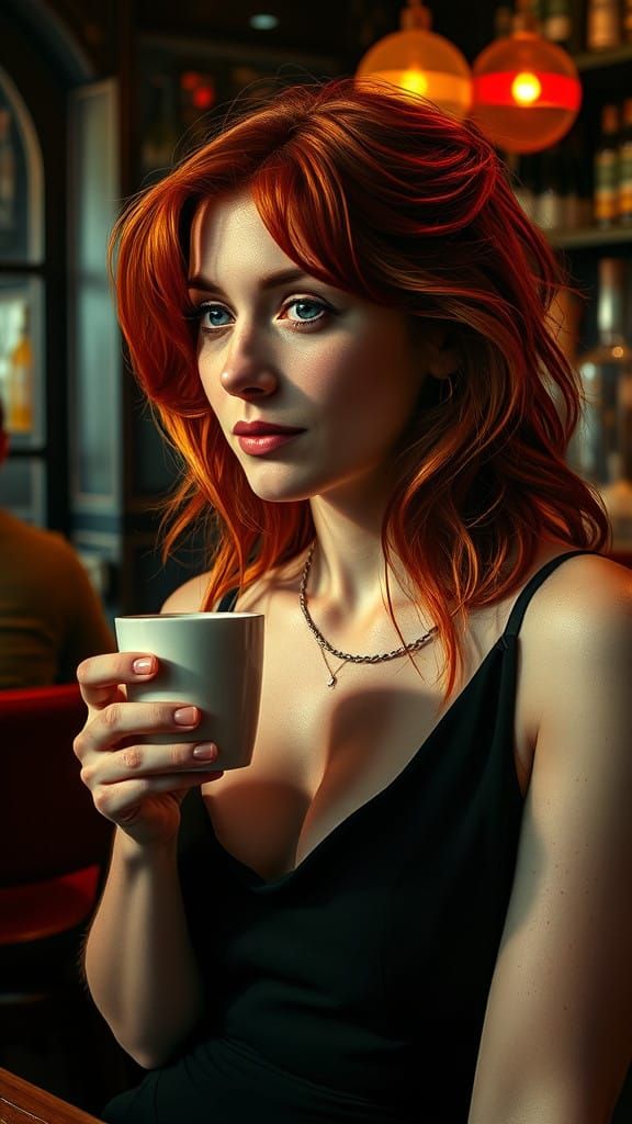 Hyperrealistic Portrait of a Red Haired Irish Woman in a Bar