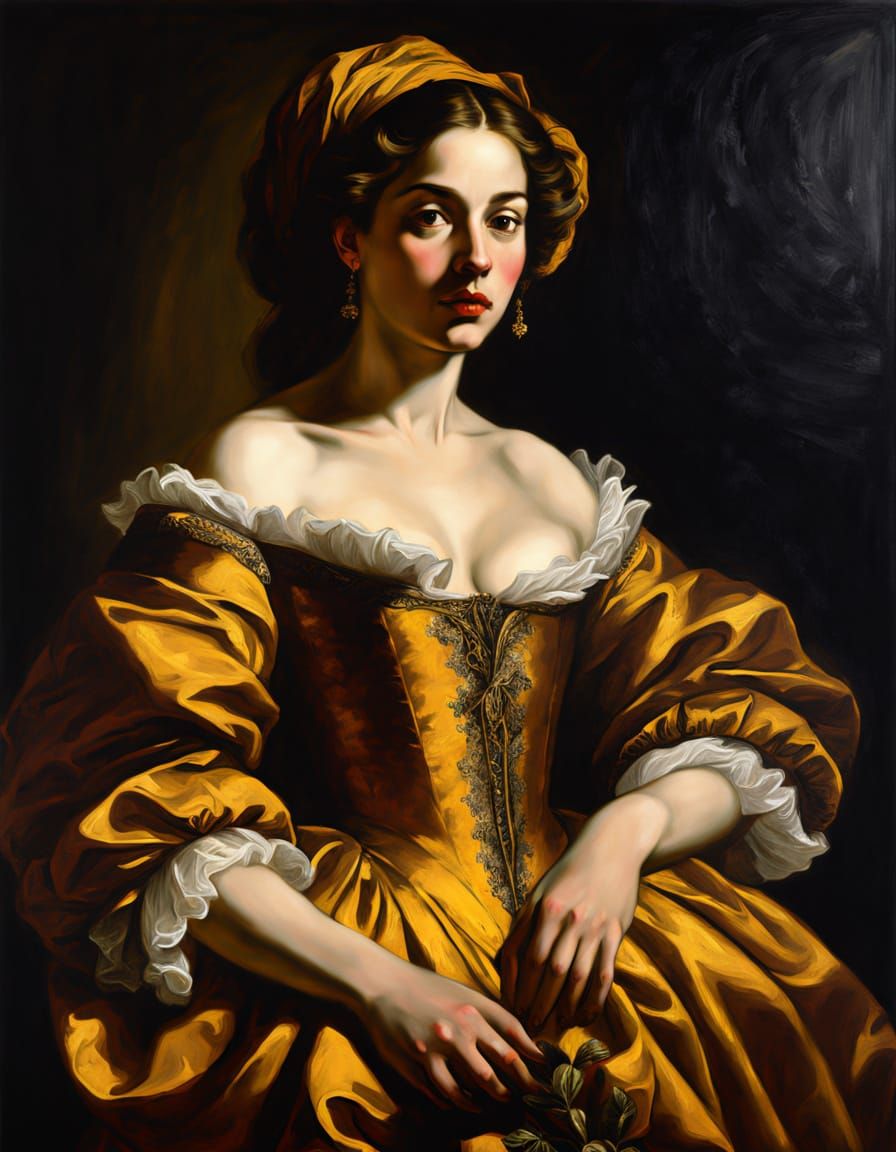 Baroque oil painting. A regal woman in lavish 17th-century attire stands against a rich, dark background