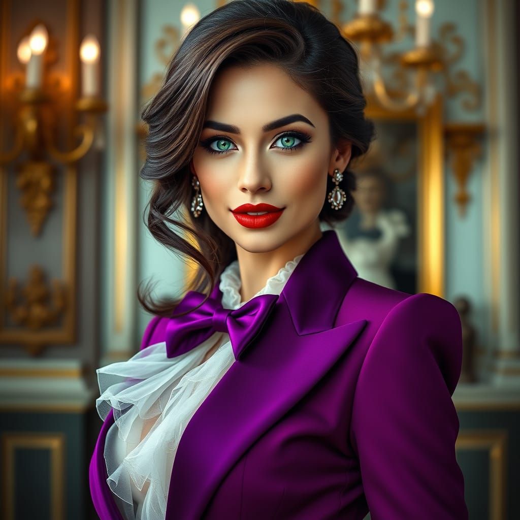 Elegant Woman in Royal Purple Tuxedo, Glamour Portrait