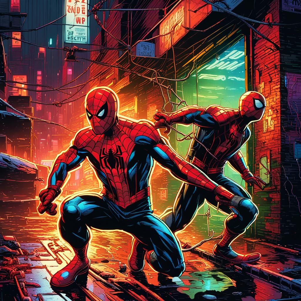 Cyberpunk Comic Book Art of Spider-Man and Daredevil in Nigh...