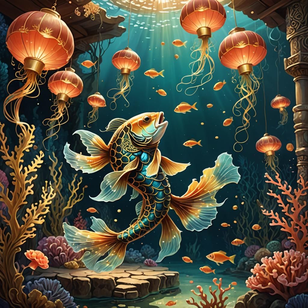 Fantasy Fish Drummer in Underwater Court