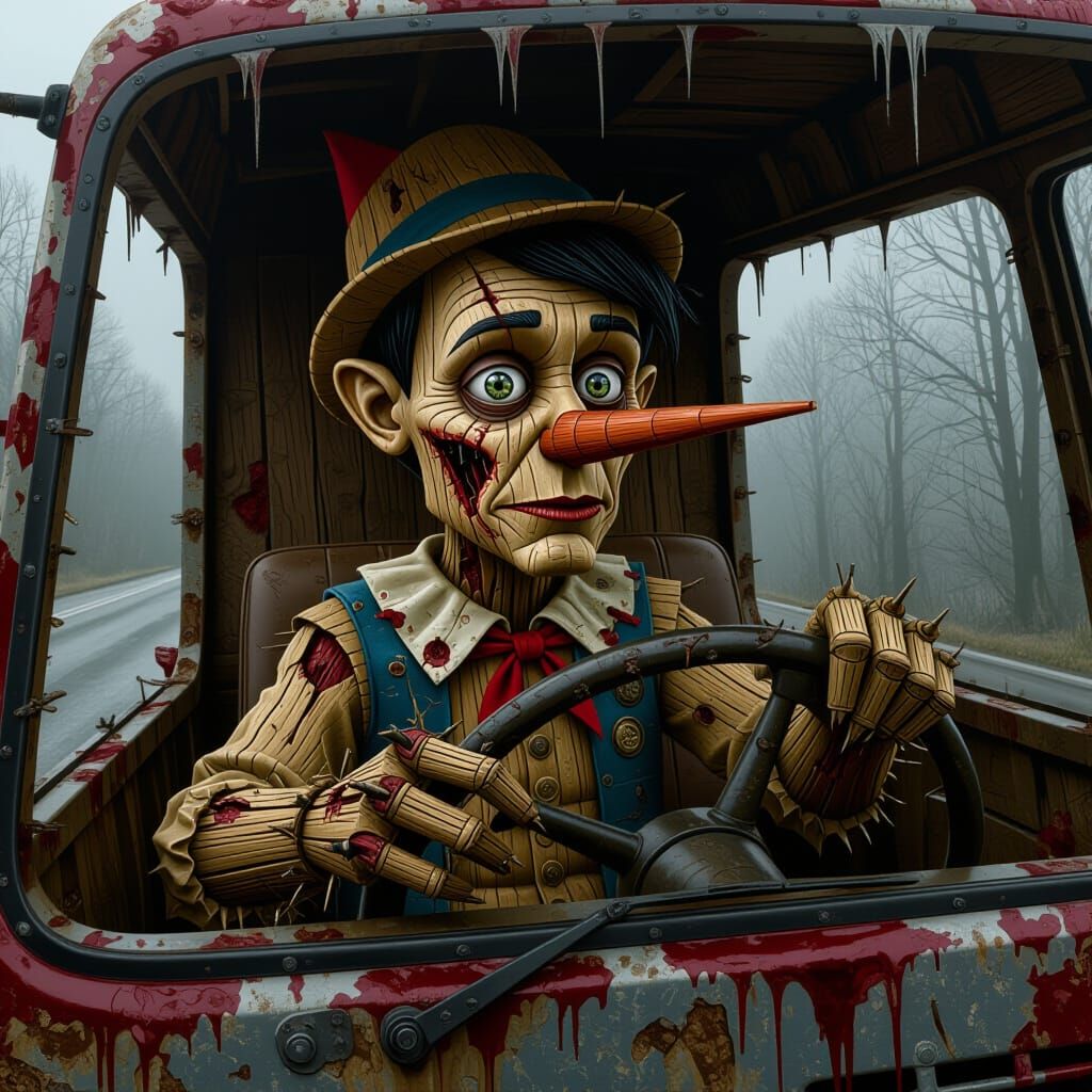 Sinister Pinocchio as Wood Trafficker: Hyperrealistic Digita...