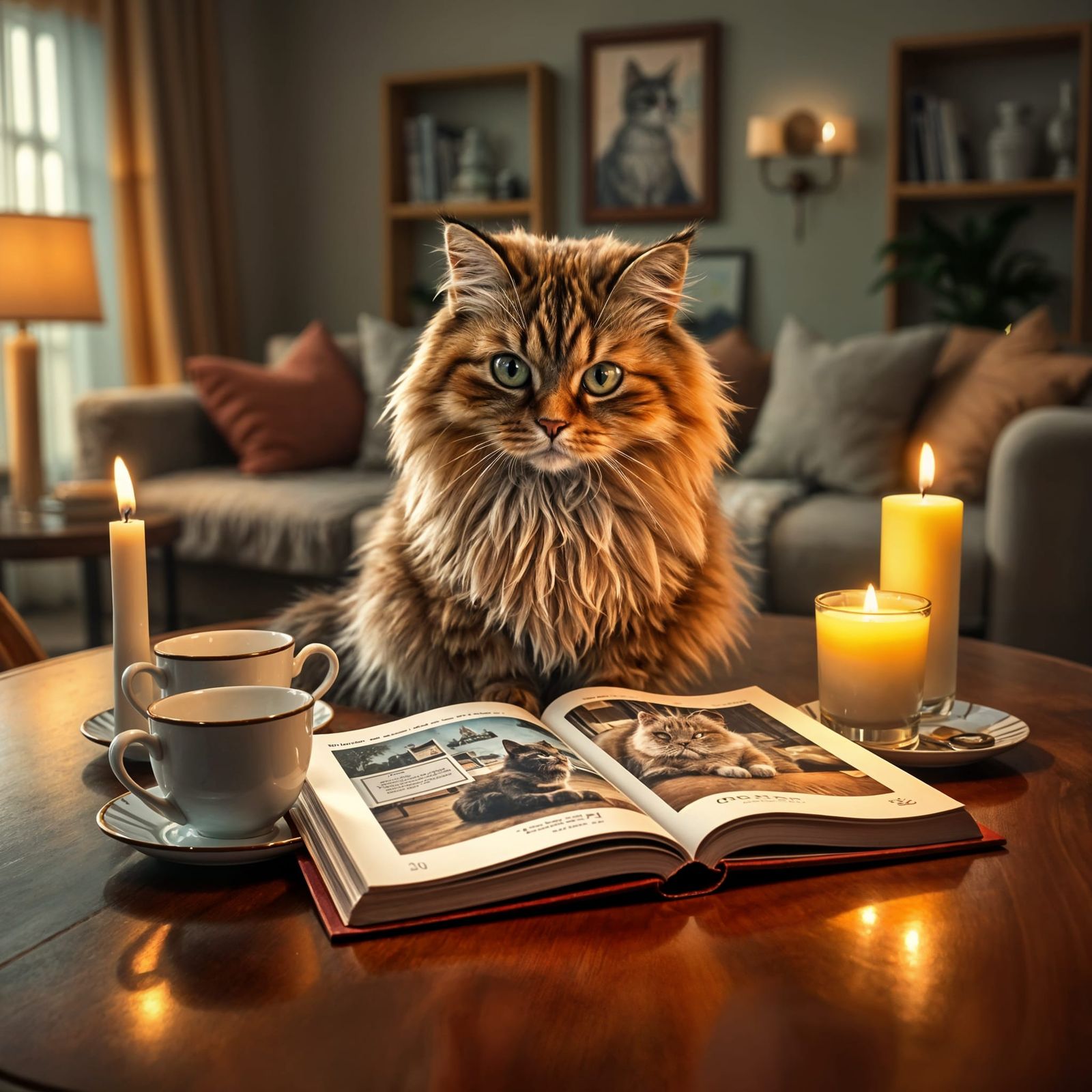 Persian Cat Surveys Feline Photo Album in Cozy Living Room