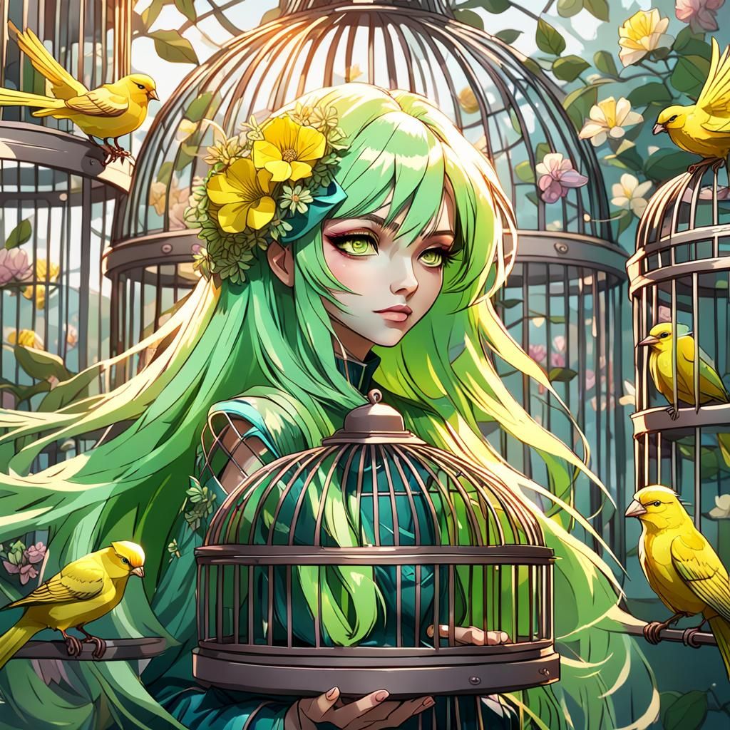 Anime Goddess Trapped in Vibrant Bird Cage