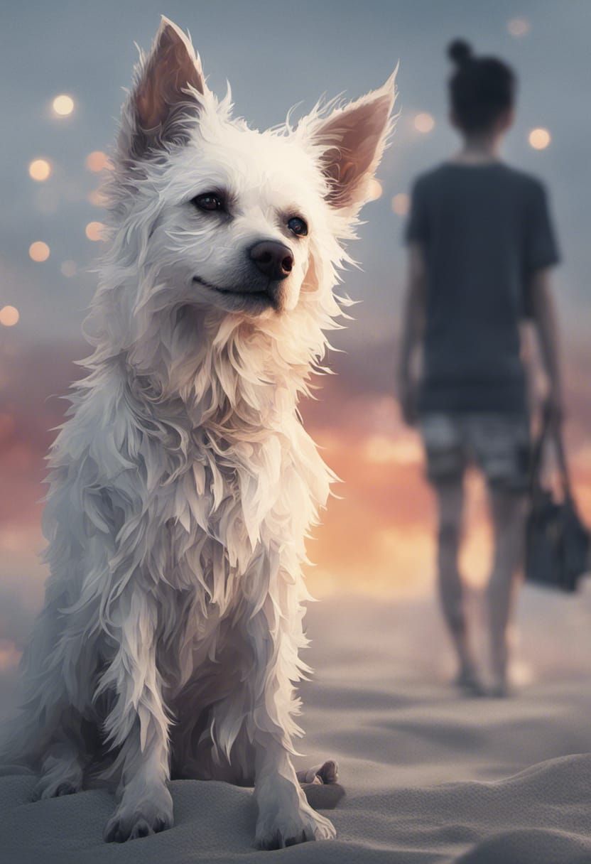 Dog on Beach at Sunset in Watercolor Style