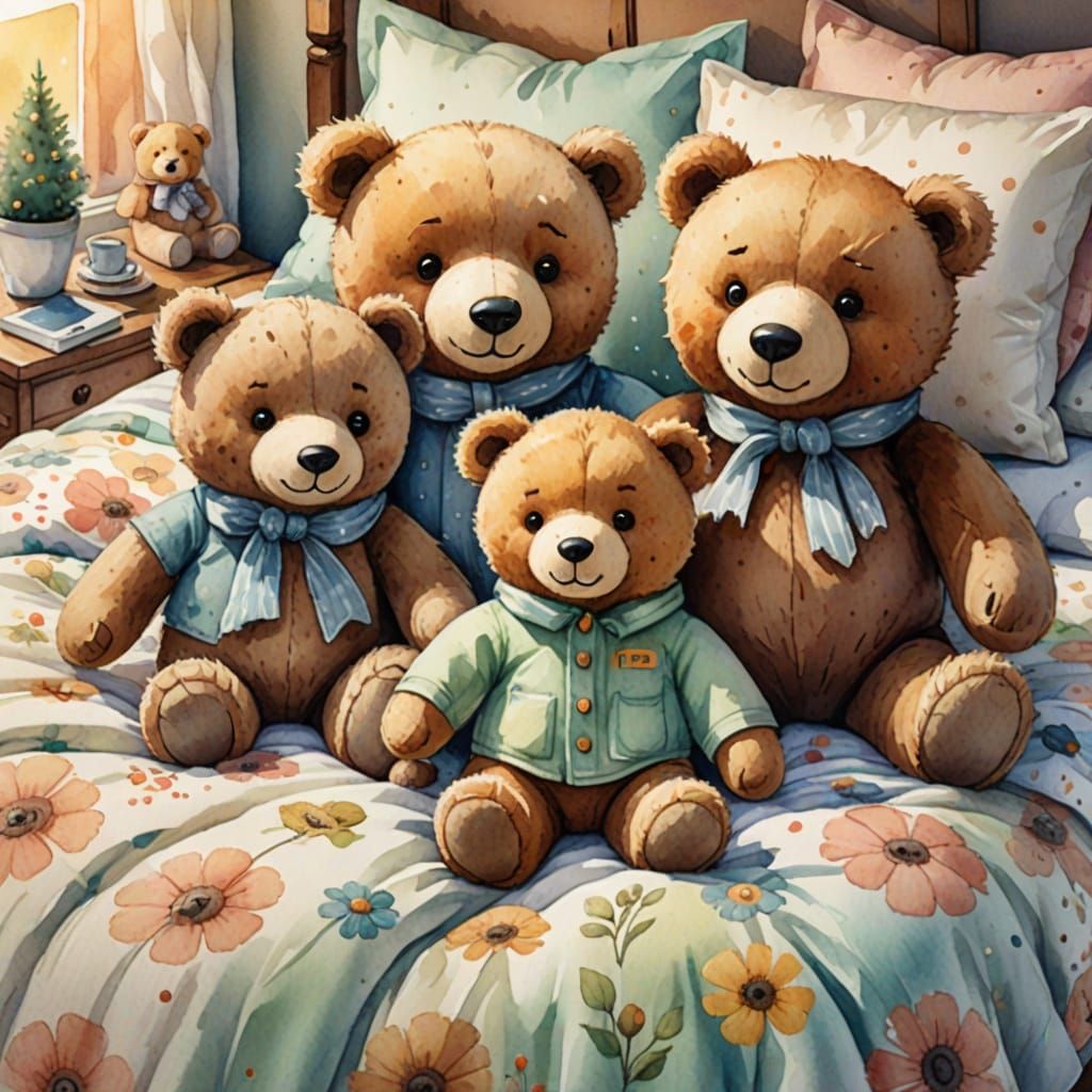 Teddy Bear Family Portrait in Watercolor Style