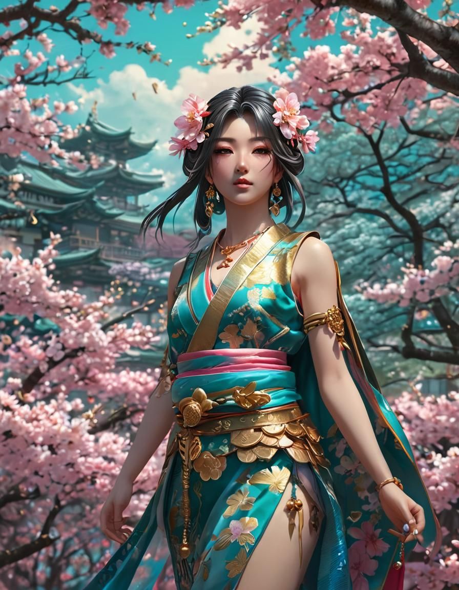 Beautiful Anime Warrior in Turquoise Kimono Amidst Pink Cher...