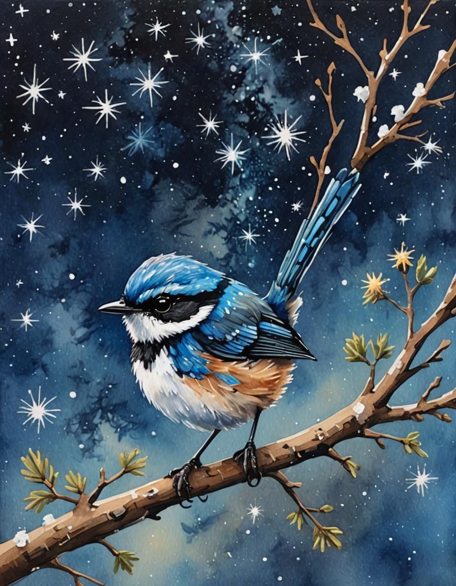 A Gouache-Crafted Blue Wren Amidst a Starry Night Sky