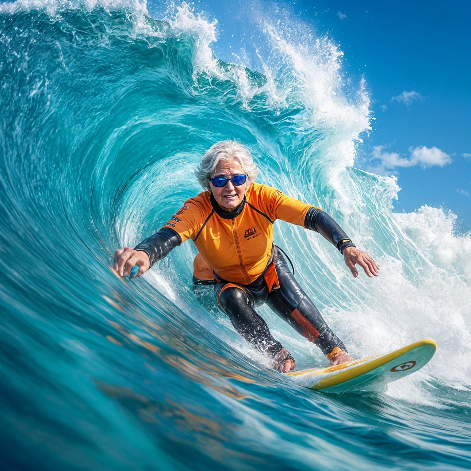 Grandma Surfing Nazaré Giant Wave Selfie
