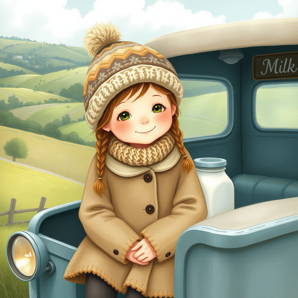 Whimsical Folk Art Milk Truck Scene with Young Girl