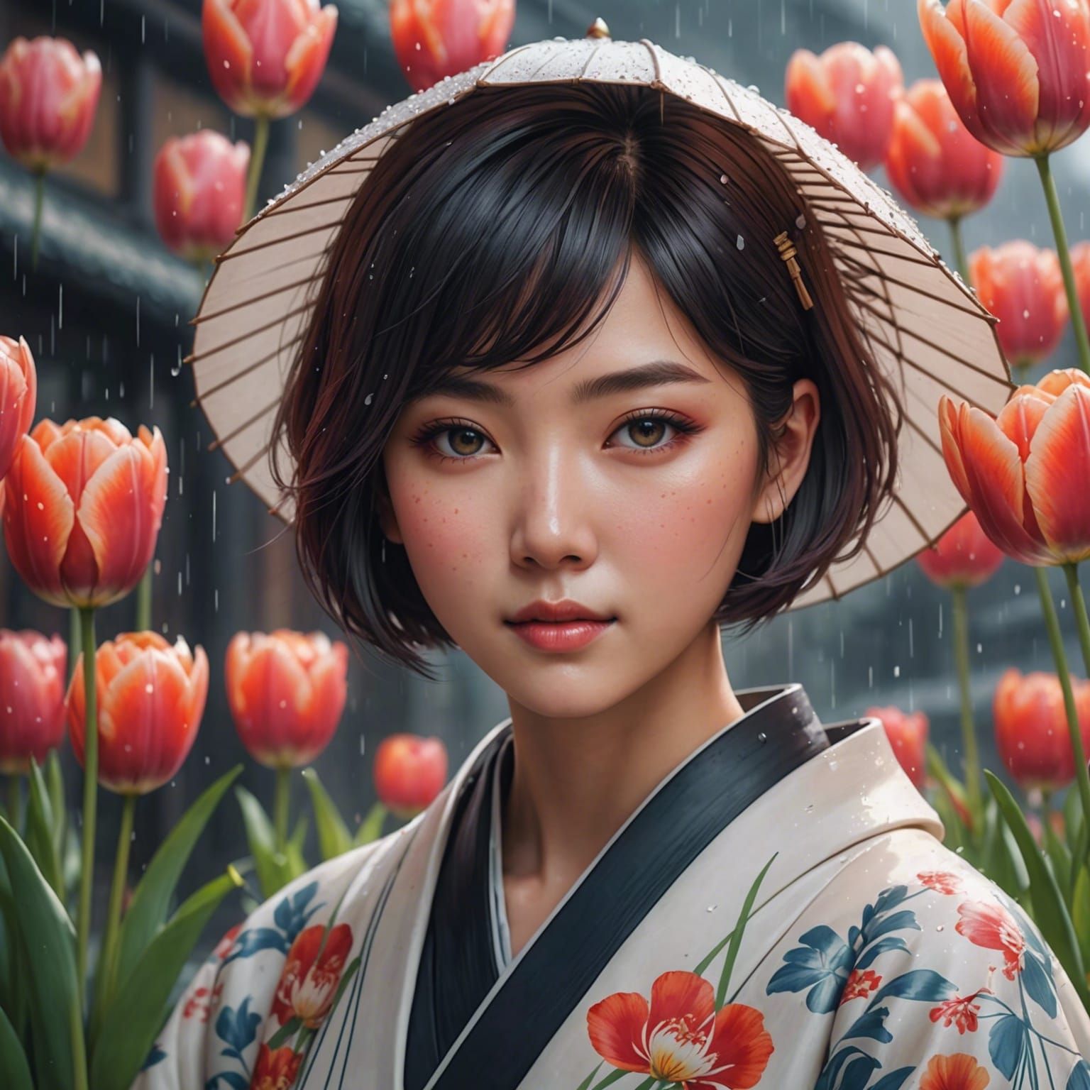 Vibrant Kawaii Woman in Whimsical Tulip Rain, Inspired by Tr...