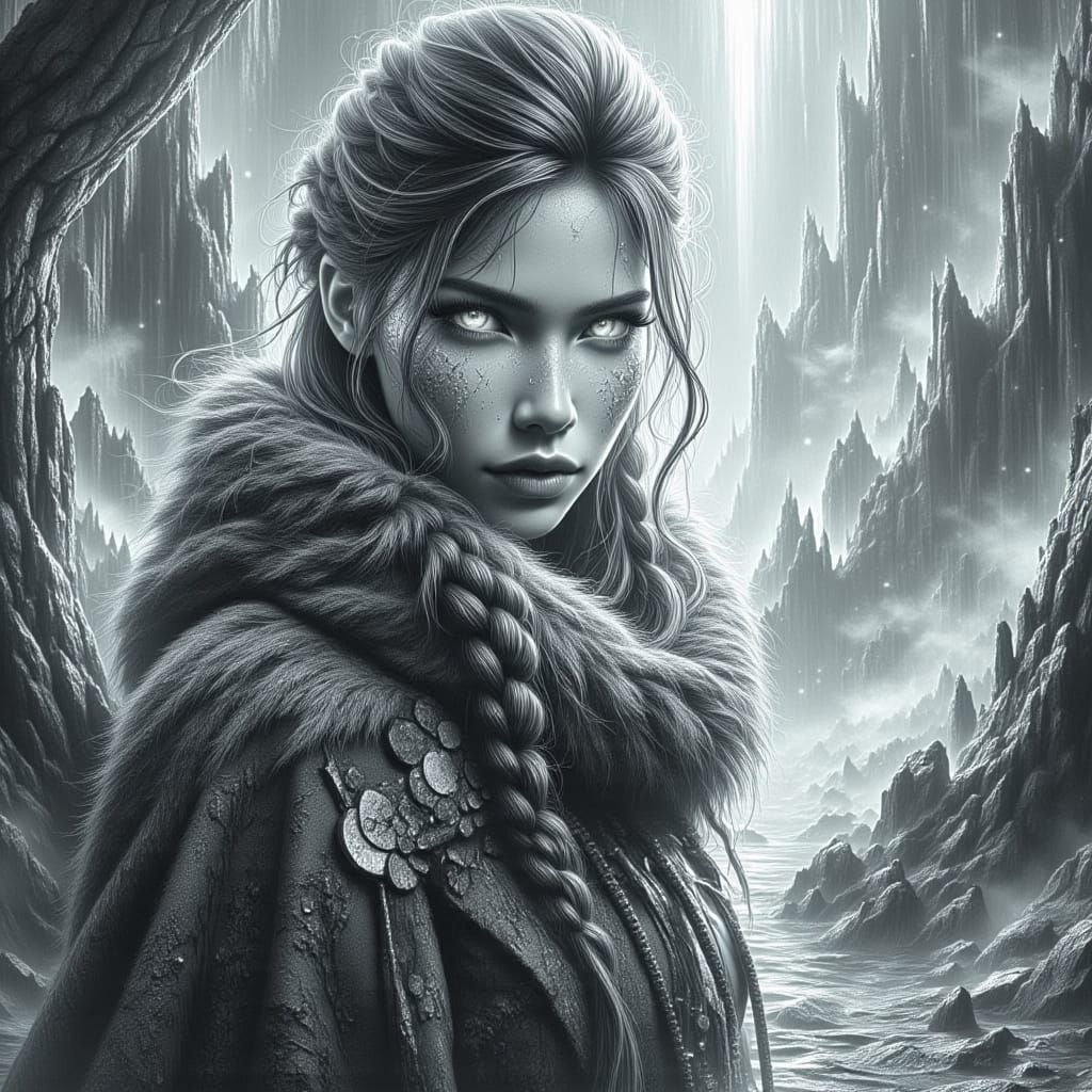 Veyra Stormwatch Tracks Cloud Wyrm in Pencil Sketch Style