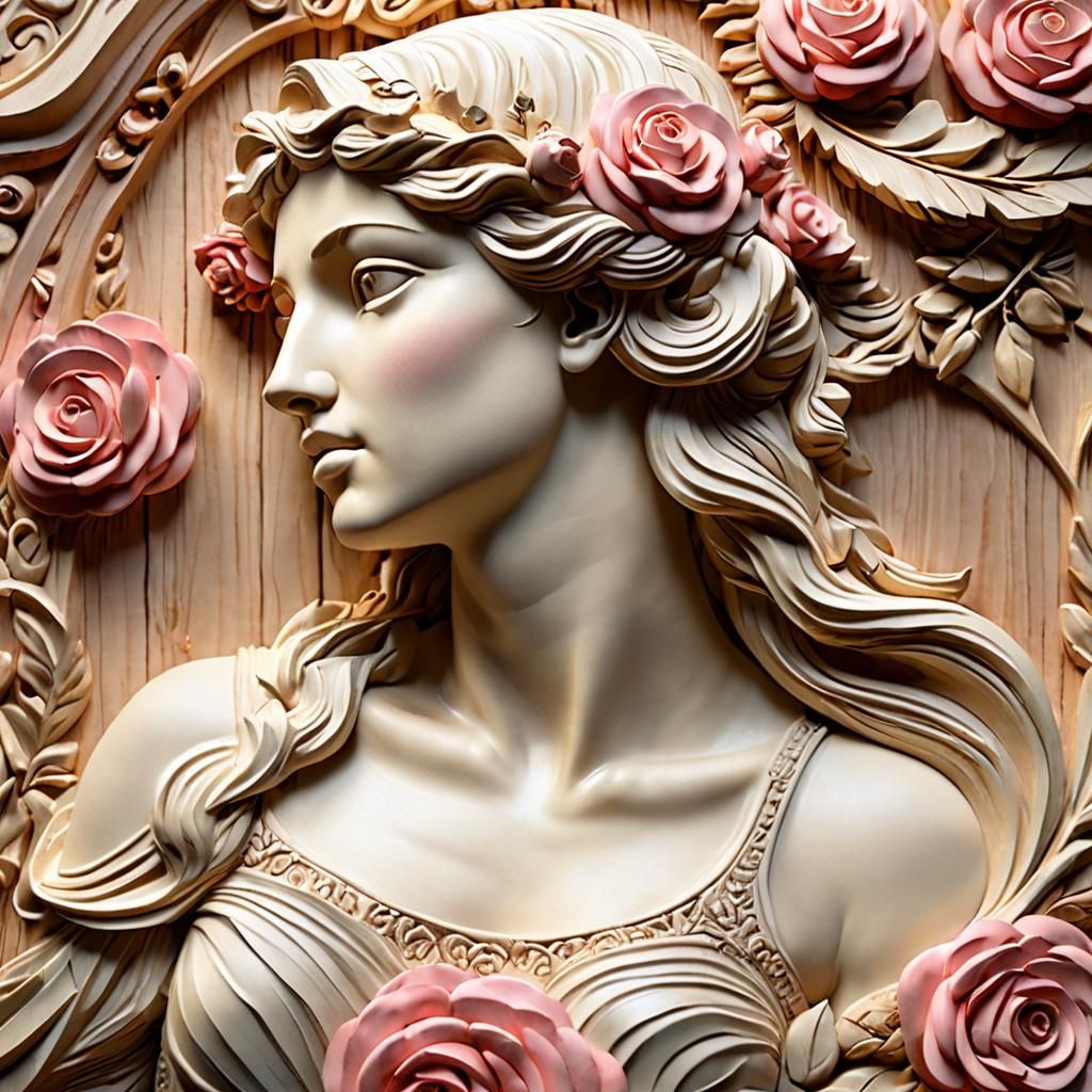 Greek Goddess in Neoclassical Wood Carving with Roses