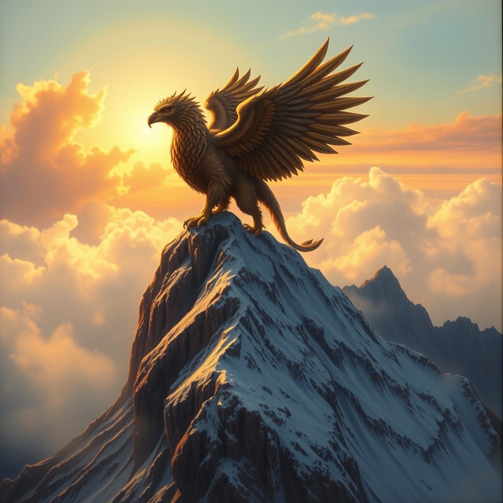 Majestic Griffin at Sunset in Classical Oil Painting Style