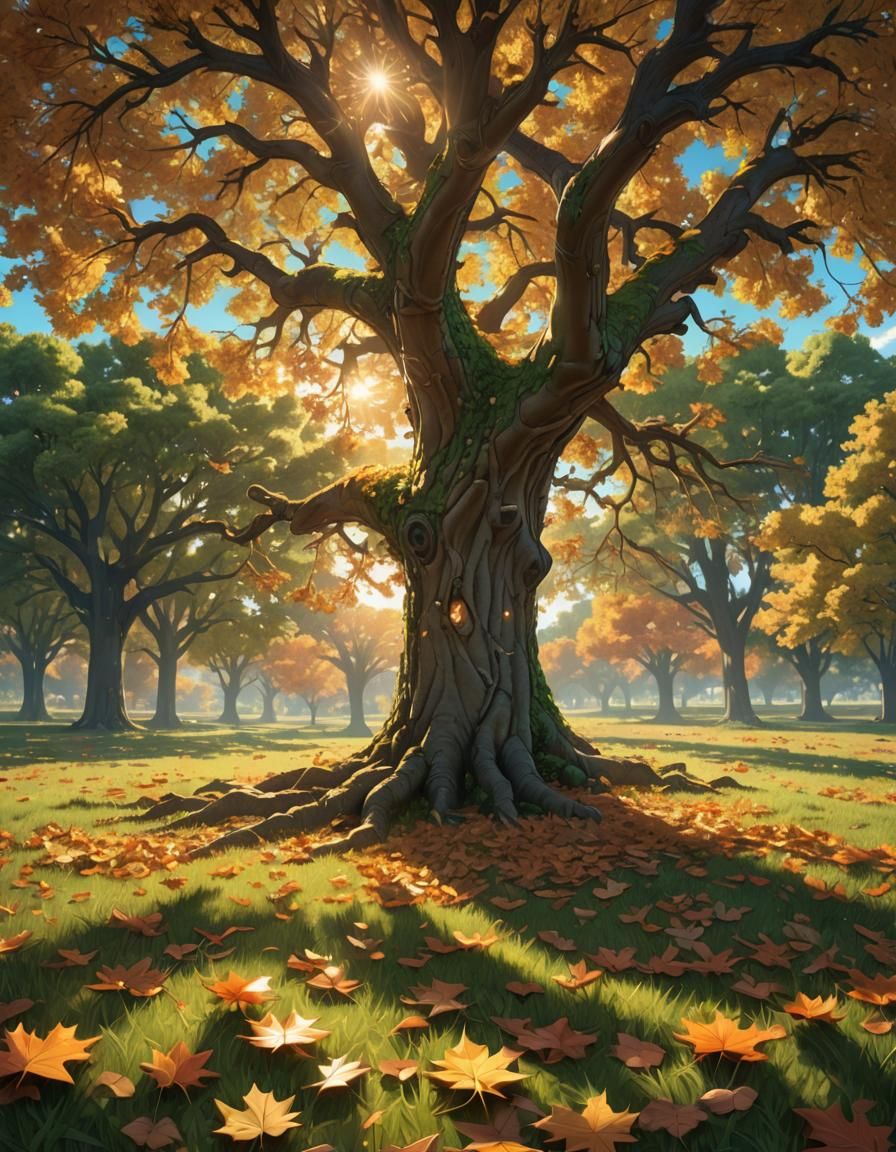 Vibrant Autumn Oak Tree in Hyper-Realistic Anime Art