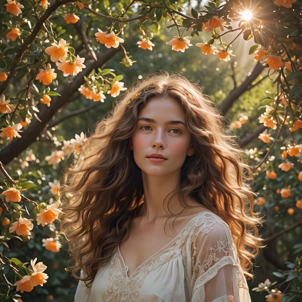 Voluminous Hair Adorned with Tender Orange Blossoms in Soft....