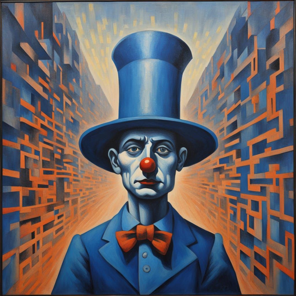 Sorrowful Blue Clown in Burning Industrial Labyrinth