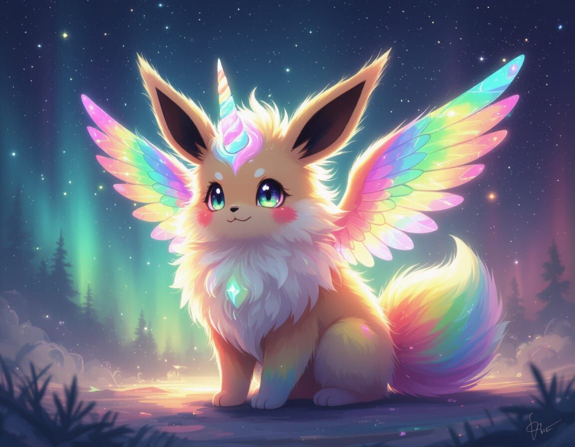 Rainbow Eevee with Wings and Horn in Aurora Light