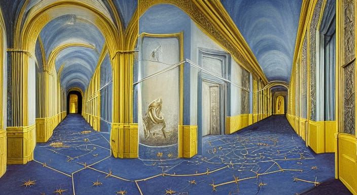 Endless Corridor with Demon Faces and a Distant Figure