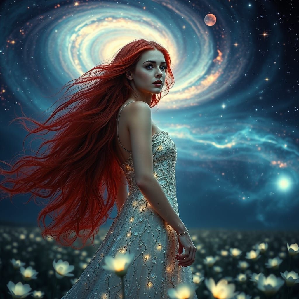 Woman in Starlight Gown with Lunar Flowers