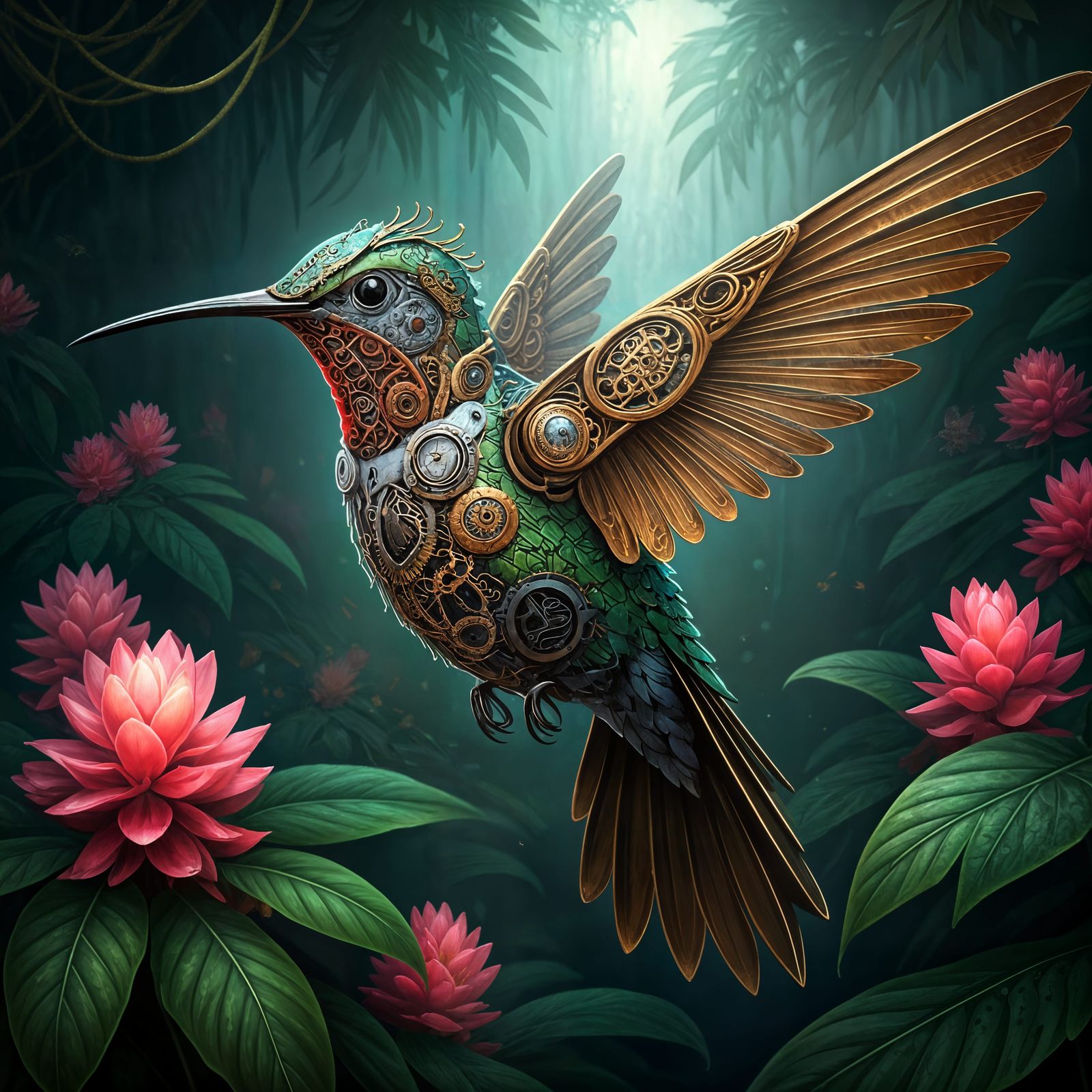 Steampunk Hummingbird in Bioluminescent Jungle