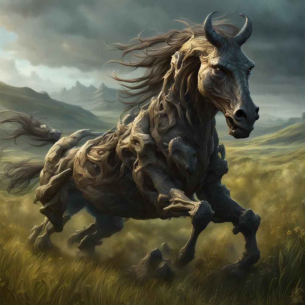 Galloping Dark Fantasy Hybrid in Vibrant Grasslands