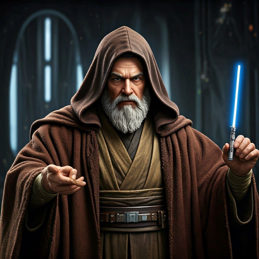 Jedi Master Justin Skingrazer, holding a tiny lightsaber