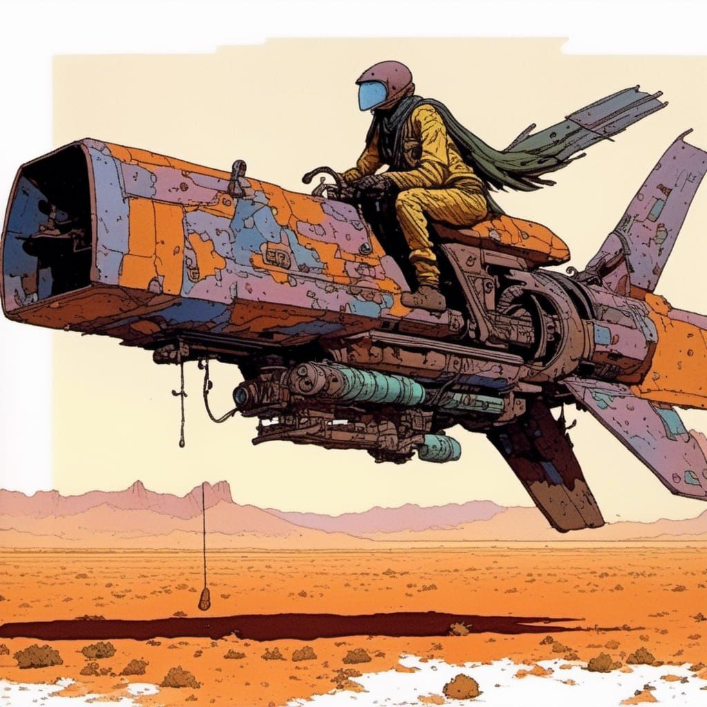 Cyberpunk Hoverbike in Moebius Style Desert Landscape