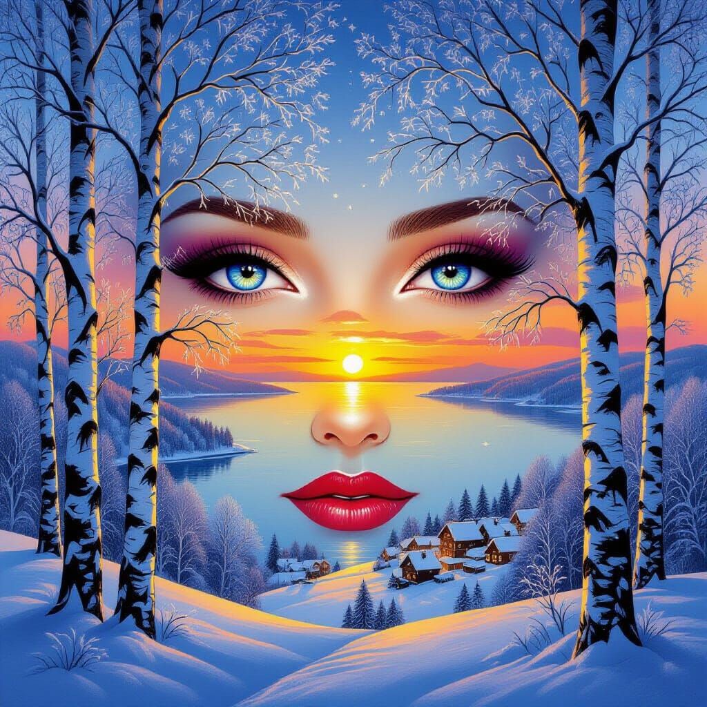Mystical Face Merges with Winter Sunset Landscape