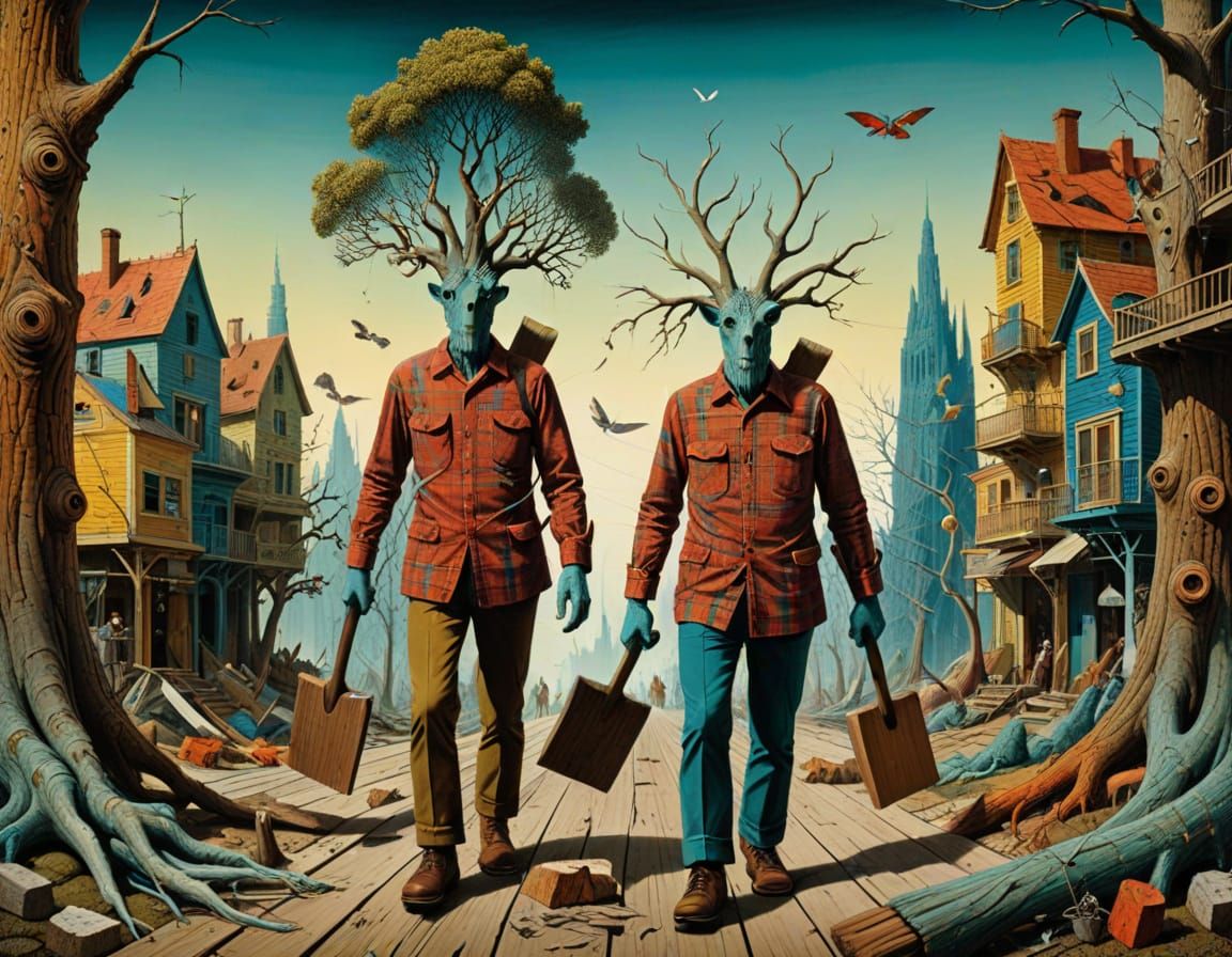 Surrealist Trees Stroll Down City Street in Frottage-Inspire...