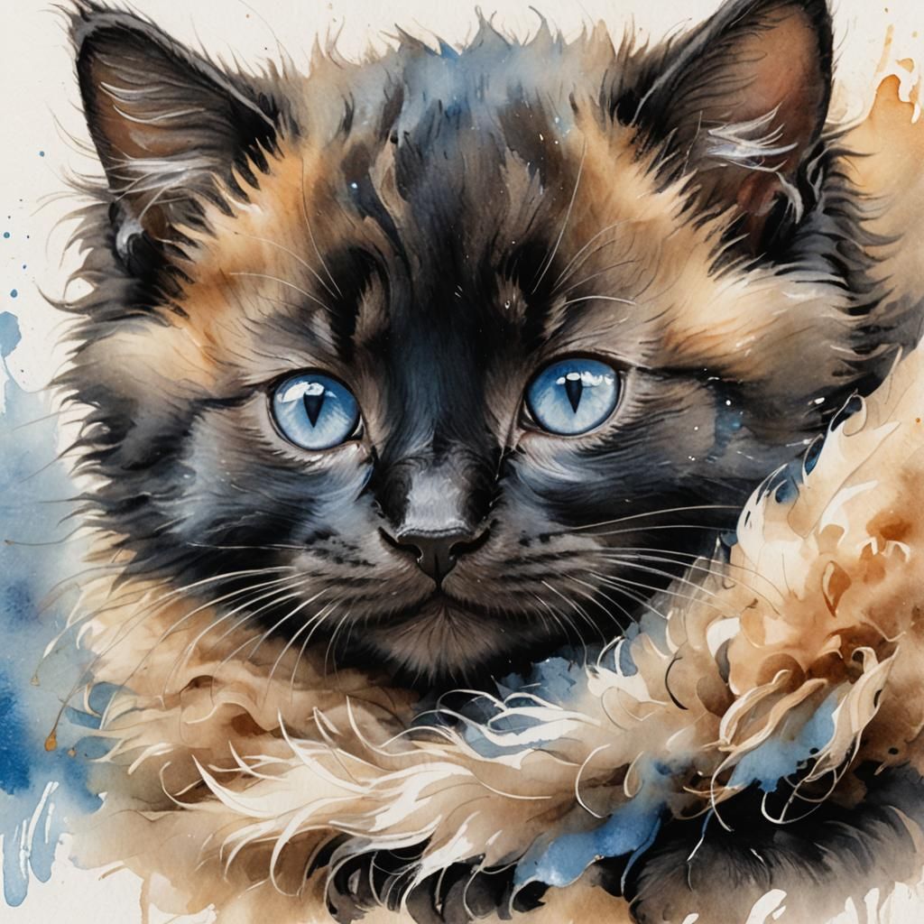 Whimsical Watercolor Portrait of a Slumbering Black Kitten