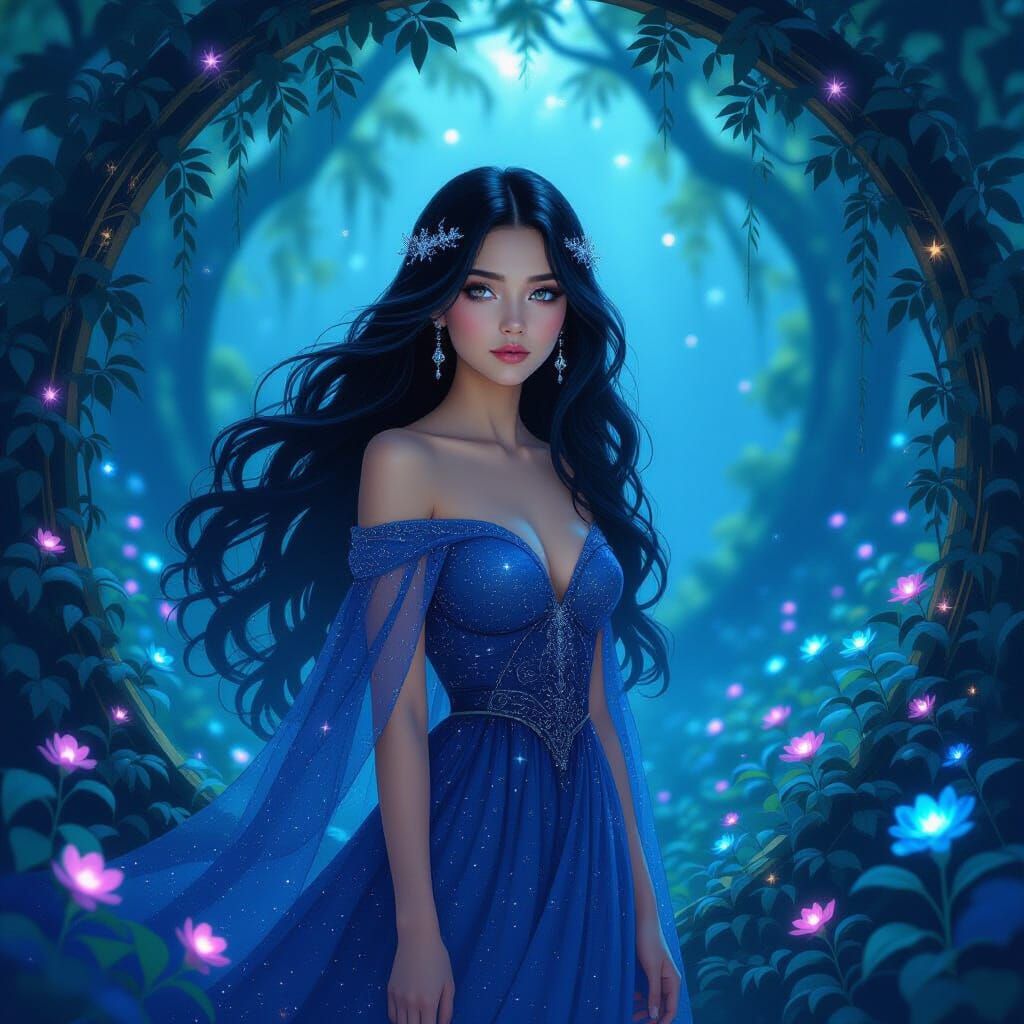 Ethereal Woman in Bioluminescent Grove, Art Nouveau Style