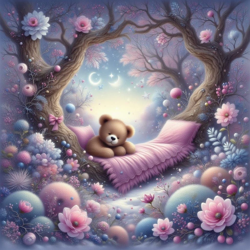 Dreamy Sleepy Bear Snuggles in Treehouse Bed