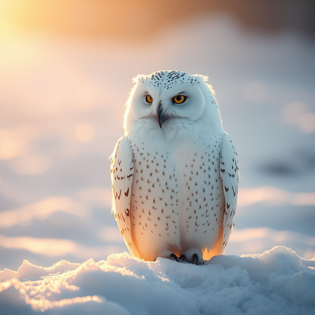 Ethereal White Owl Basks in Golden Light Amid Snowy Landscap...