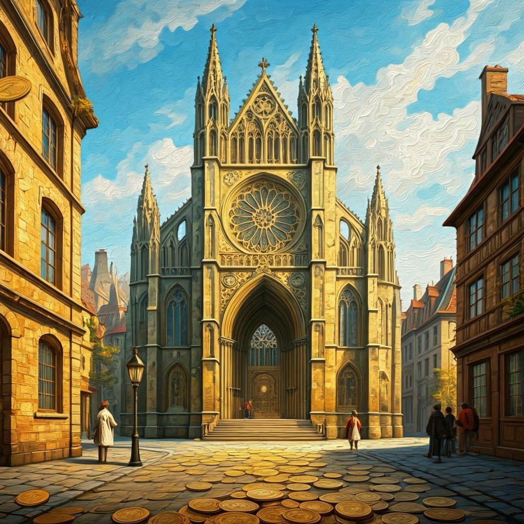 Gothic Cathedral of Gold Coins in Impressionist Style