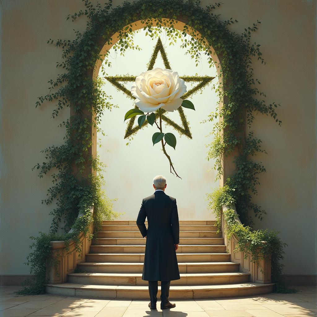 Dignified Gentleman Before Majestic Staircase with Vines and...