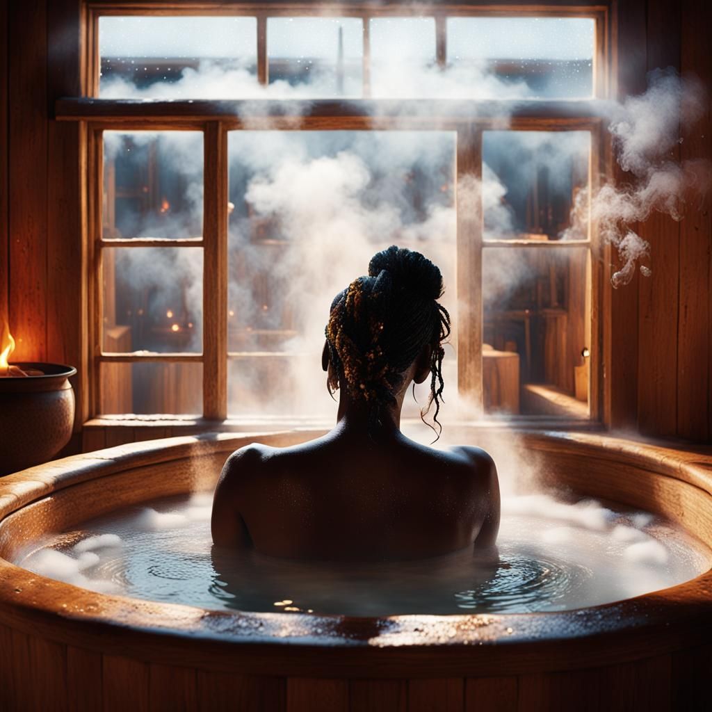 Ethereal Scandinavian Bath Scene with Somali Accents