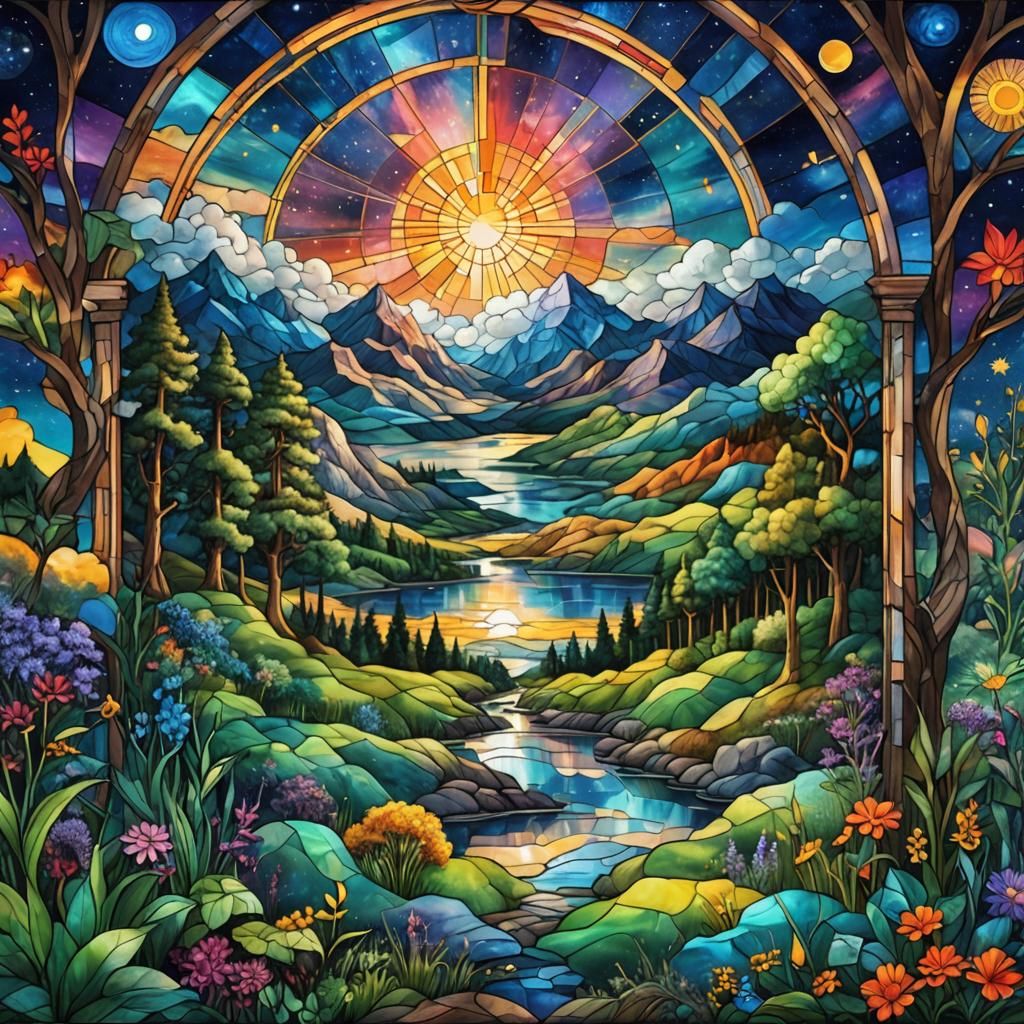 Surreal Stained Glass Heaven Landscape in Holographic Style
