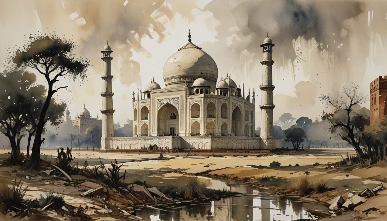 Cyberpunk Taj Mahal Ruins in Watercolor and Ink