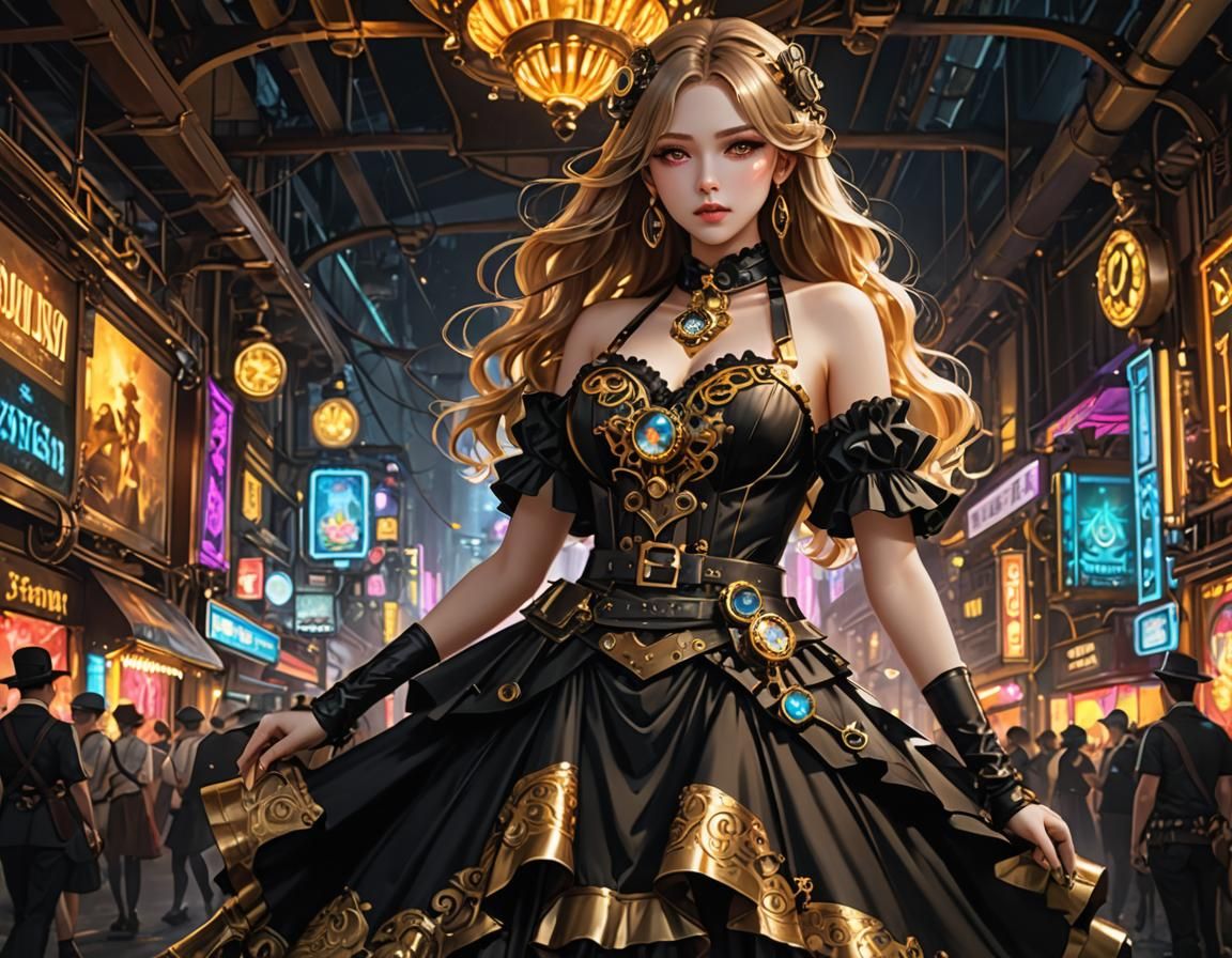 Golden Gothic Dress Illuminated in Neon Steampunk Splendor