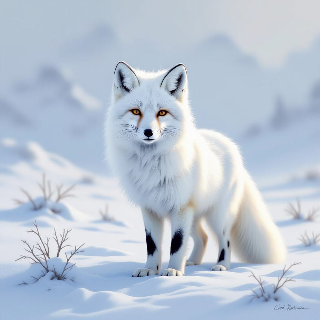 Fluffy Arctic Fox in Snowy Landscape - Wildlife Art Style