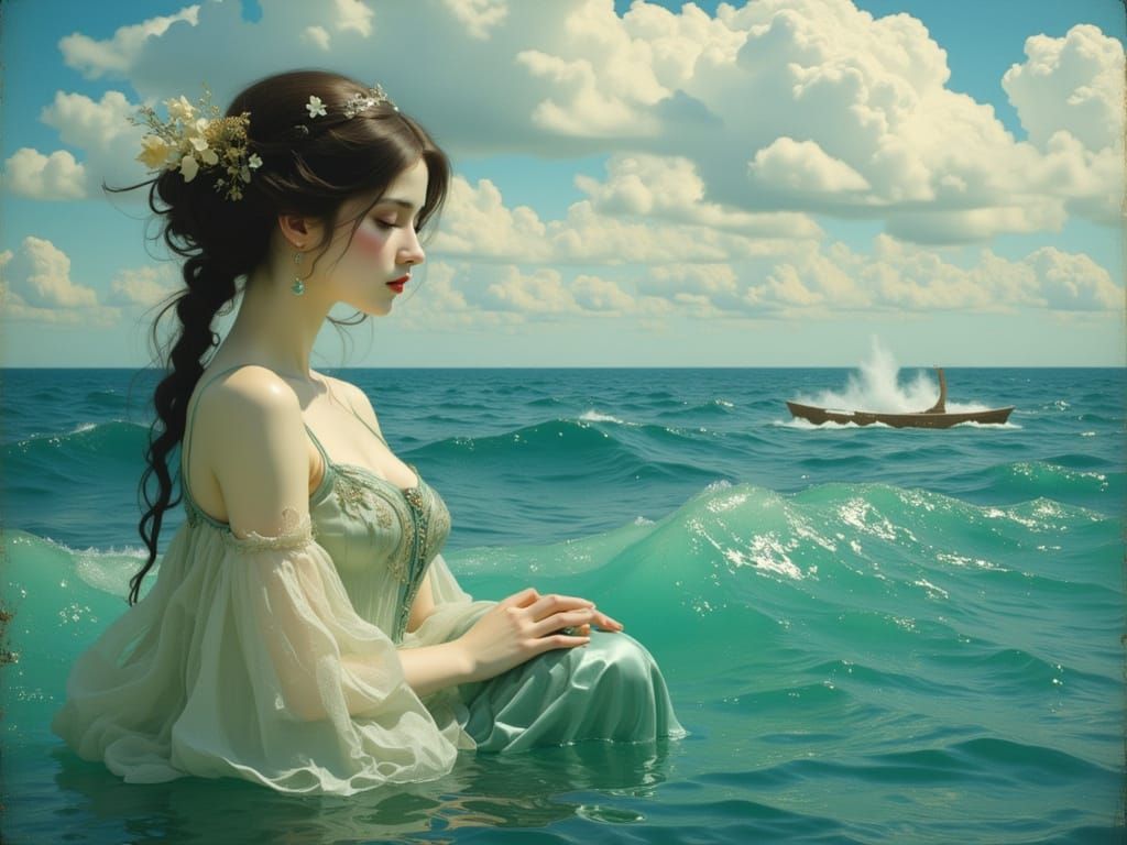 Pensive Woman Gazing at Sea in Art Nouveau Style