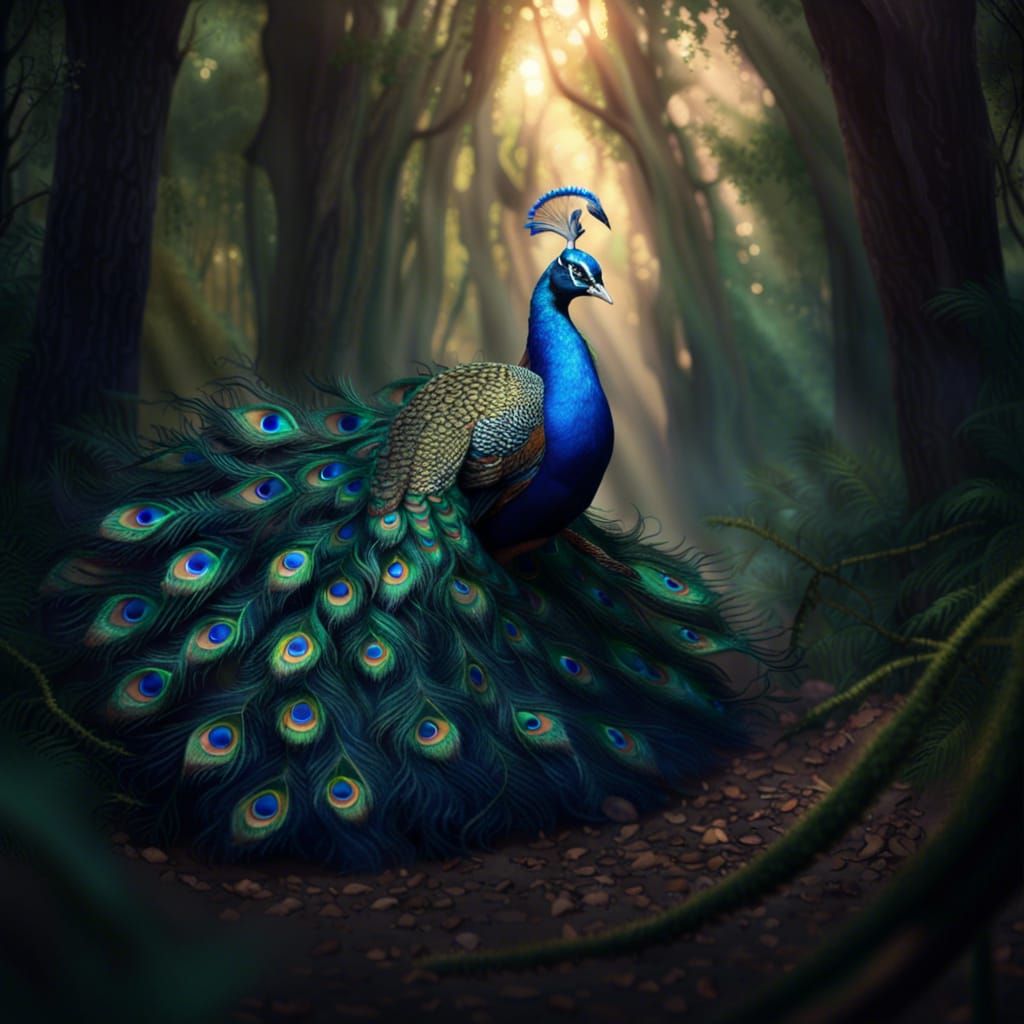 Fantastical Peacock Portrait in a Forest Glade