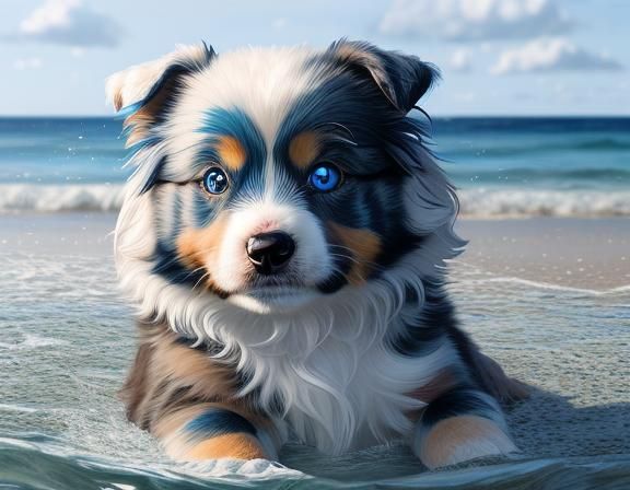 Vibrant Blue Merle Aussie in Hyperrealistic Beach Scene