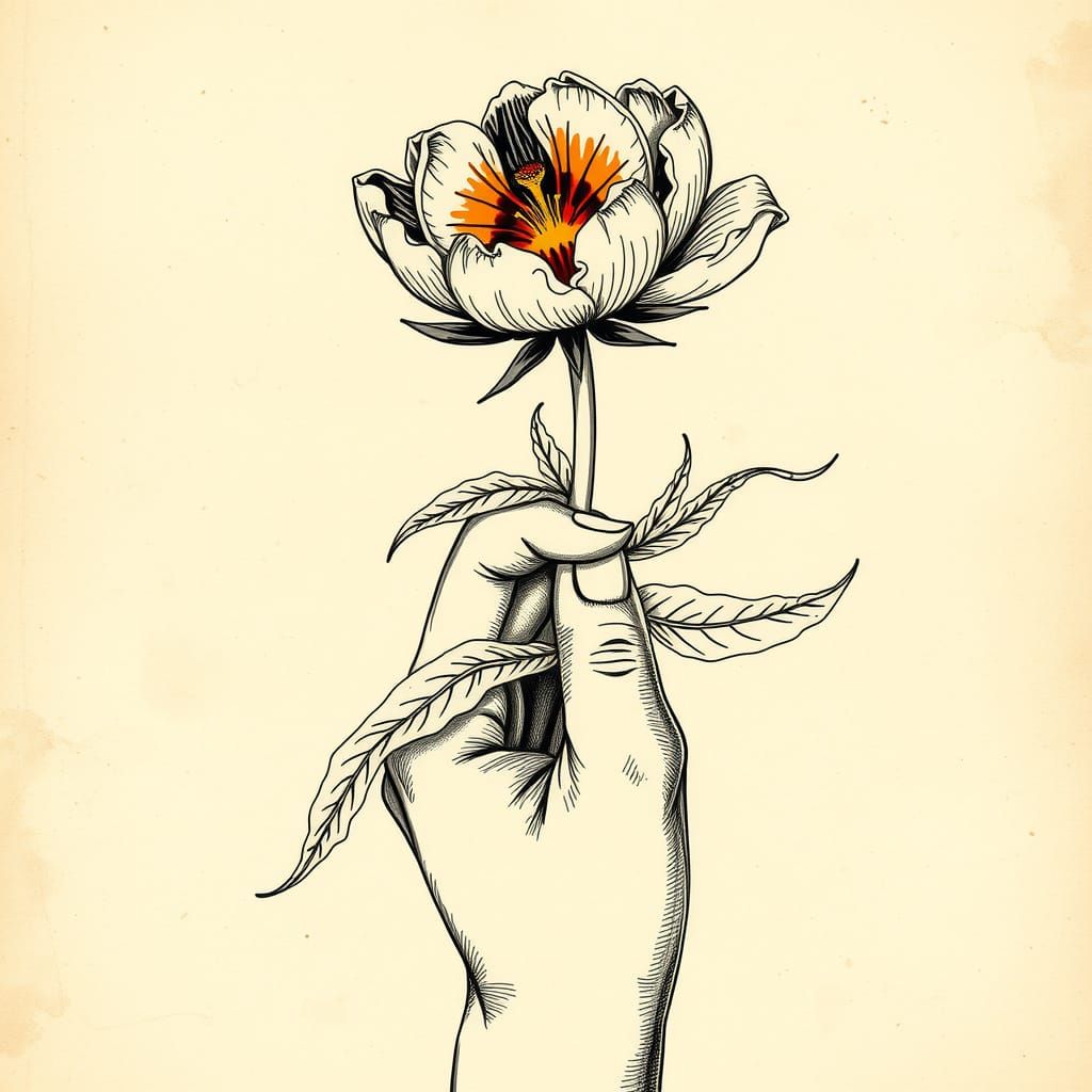 Vintage Illustration of Hand Holding Flower