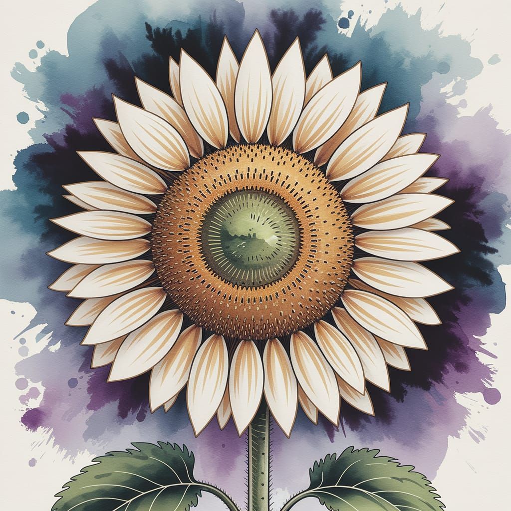 Giant Sunflower in Antique Watercolor Style