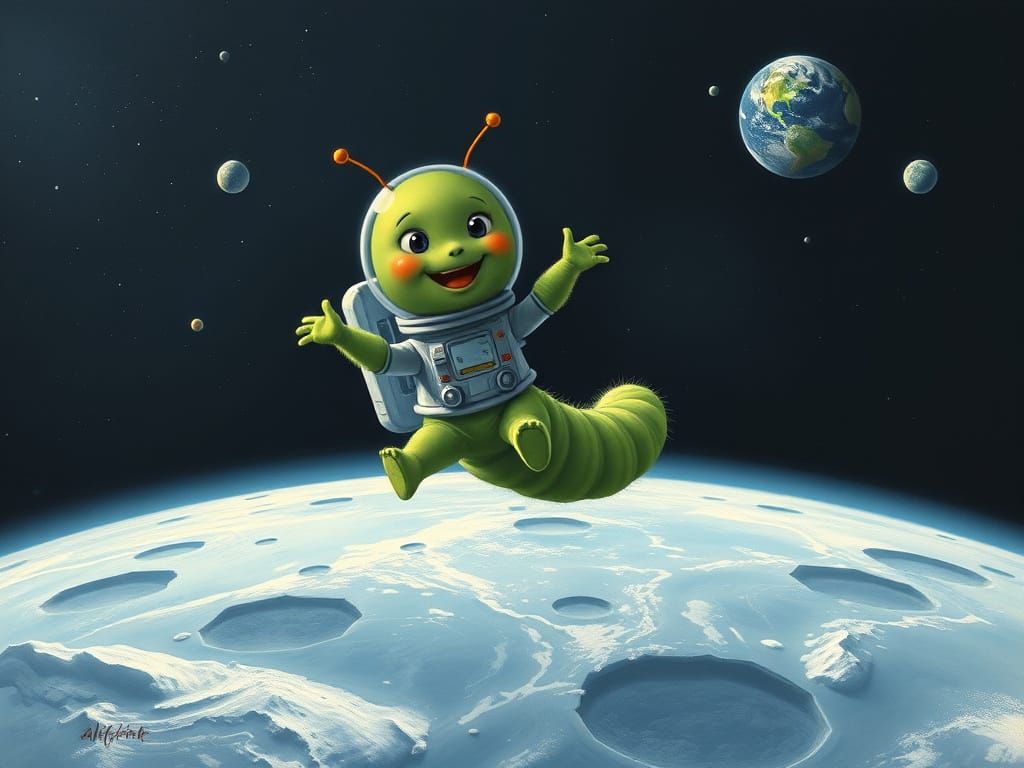 Fuzzy Caterpillar Astronaut on the Moon