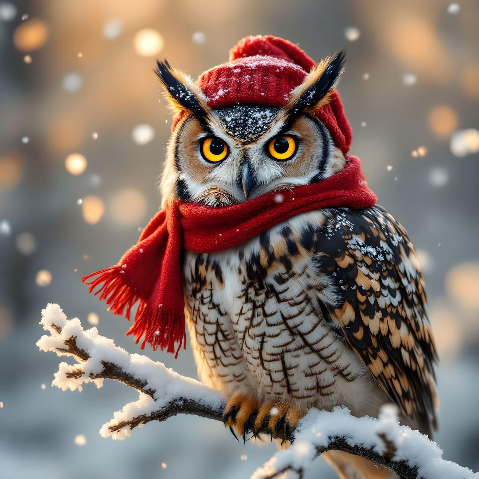 Majestic Owl in Snowy Landscape with Red Scarf and Hat